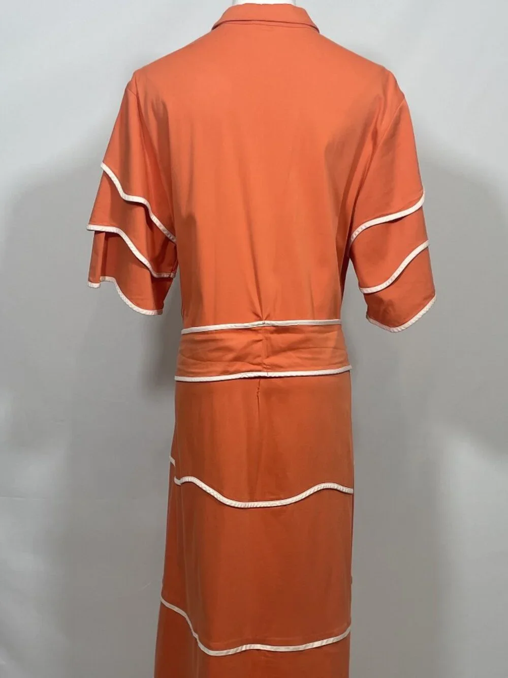 Alexis Rhodes Tiered Midi Shirt Dress Orange White Contrast Trim Belted Size M